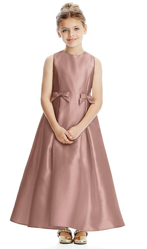 Front View - Neu Nude Princess Line Satin Twill Flower Girl Dress with Bows