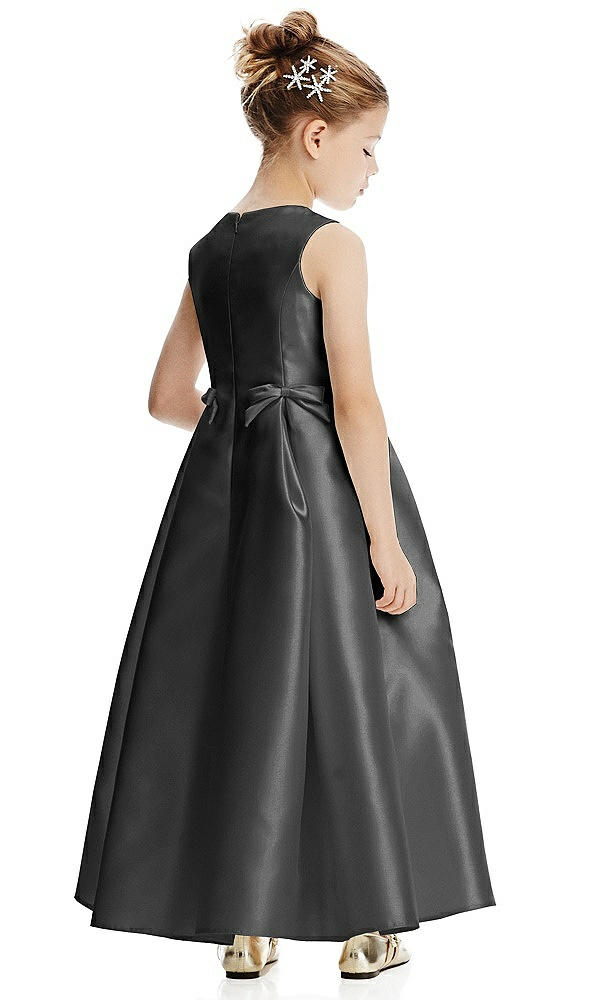 Back View - Pewter Princess Line Satin Twill Flower Girl Dress with Bows