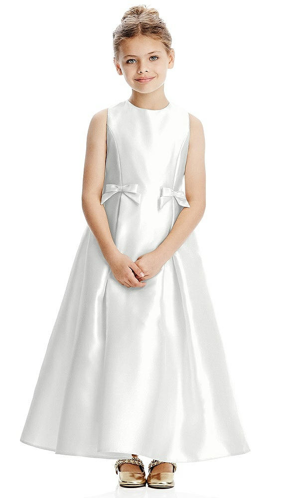 Front View - White Princess Line Satin Twill Flower Girl Dress with Bows