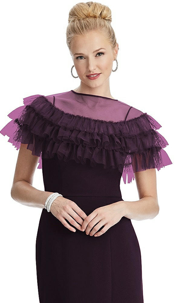 Front View - Aubergine Tiered Ruffle Tulle Capelet