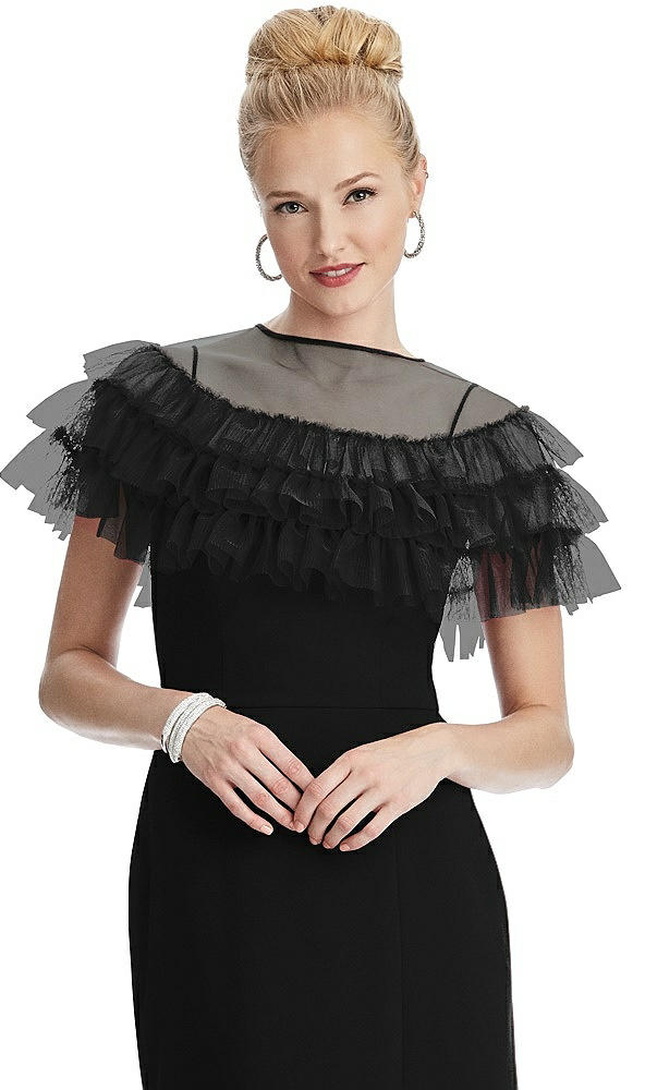 Front View - Black Tiered Ruffle Tulle Capelet