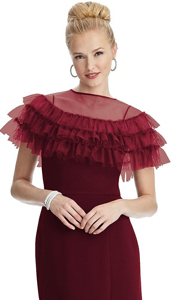 Front View - Burgundy Tiered Ruffle Tulle Capelet