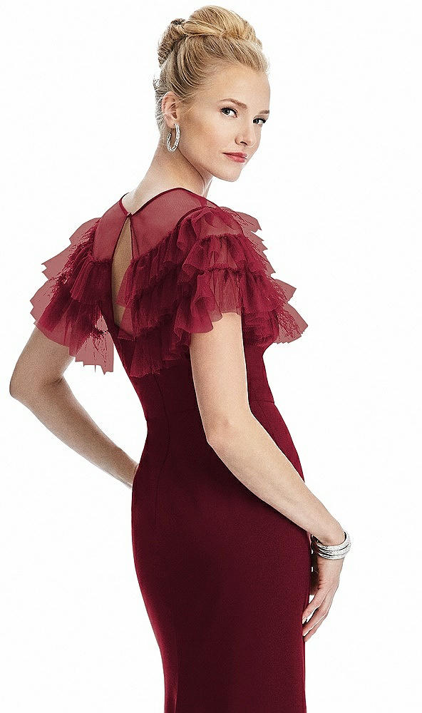 Back View - Burgundy Tiered Ruffle Tulle Capelet