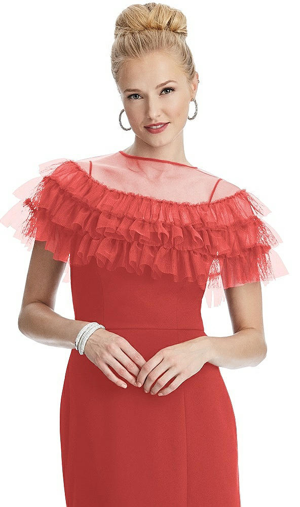 Front View - Perfect Coral Tiered Ruffle Tulle Capelet