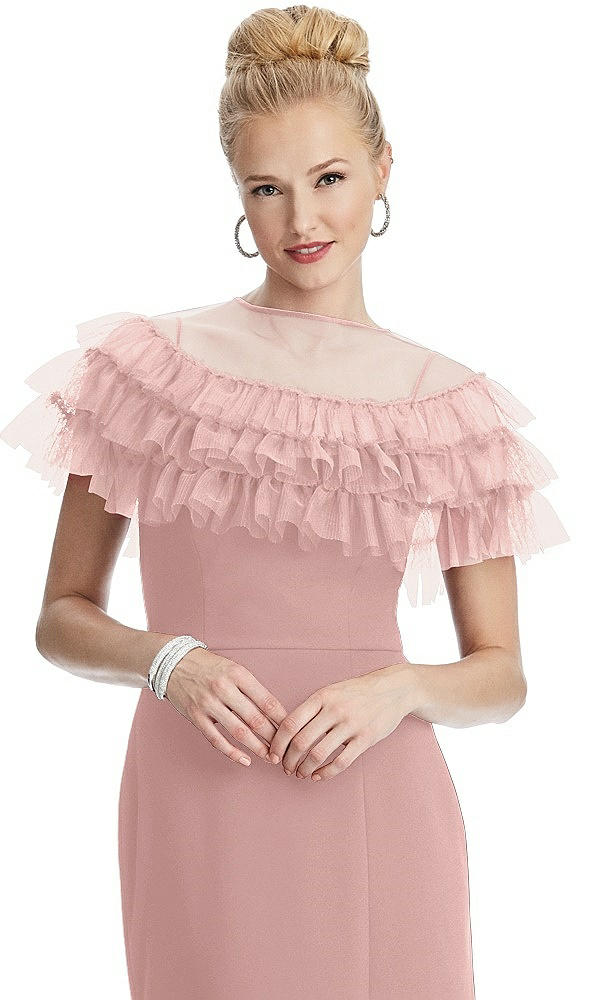 Front View - Rose - PANTONE Rose Quartz Tiered Ruffle Tulle Capelet