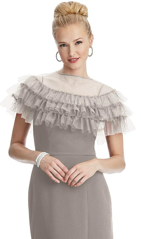 Front View - Taupe Tiered Ruffle Tulle Capelet