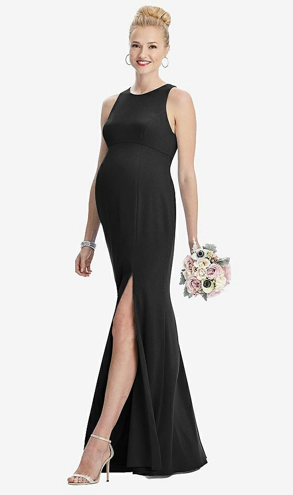 Front View - Black Sleeveless Halter Maternity Dress with Front Slit