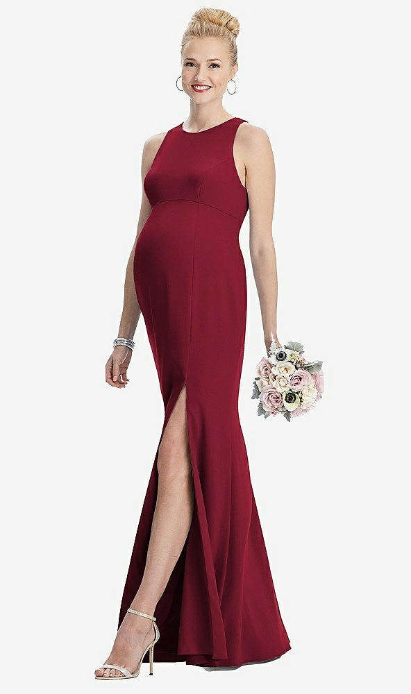 Front View - Burgundy Sleeveless Halter Maternity Dress with Front Slit