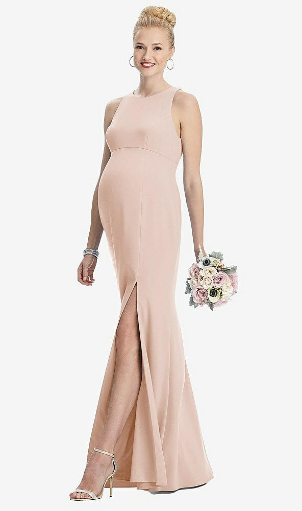 Front View - Cameo Sleeveless Halter Maternity Dress with Front Slit