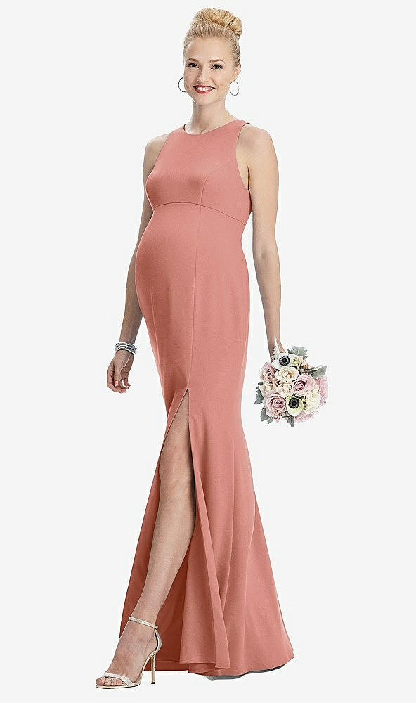 Front View - Desert Rose Sleeveless Halter Maternity Dress with Front Slit