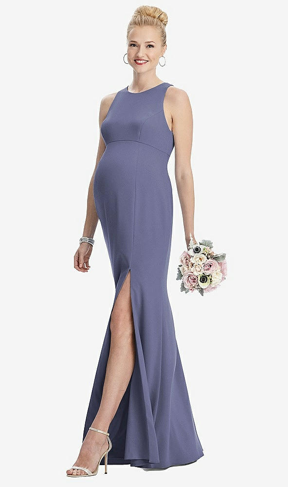 Front View - French Blue Sleeveless Halter Maternity Dress with Front Slit