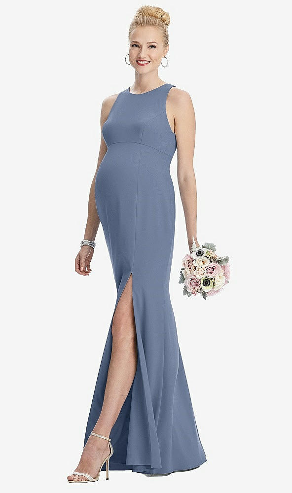 Front View - Larkspur Blue Sleeveless Halter Maternity Dress with Front Slit