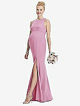 Front View Thumbnail - Powder Pink Sleeveless Halter Maternity Dress with Front Slit