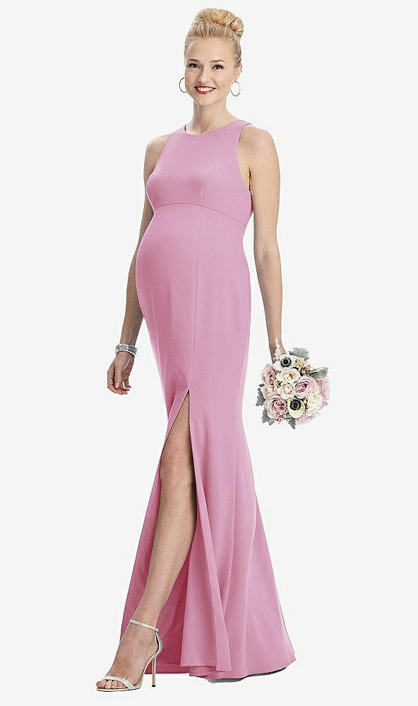 Front View - Powder Pink Sleeveless Halter Maternity Dress with Front Slit