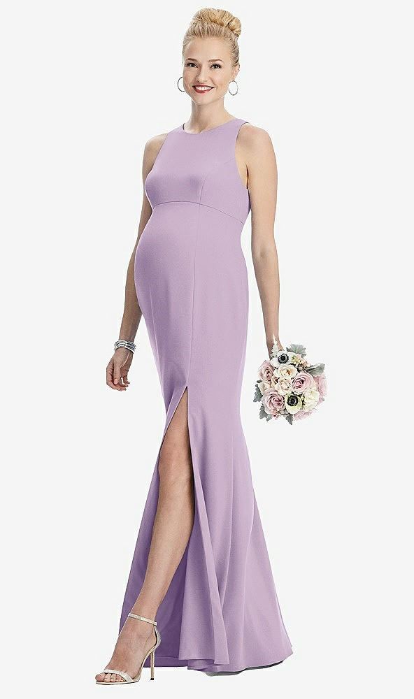 Front View - Pale Purple Sleeveless Halter Maternity Dress with Front Slit