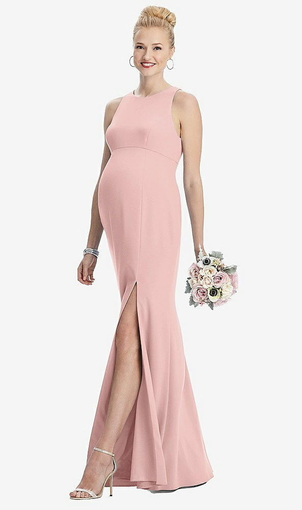 Front View - Rose - PANTONE Rose Quartz Sleeveless Halter Maternity Dress with Front Slit