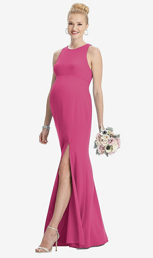 Front View - Tea Rose Sleeveless Halter Maternity Dress with Front Slit