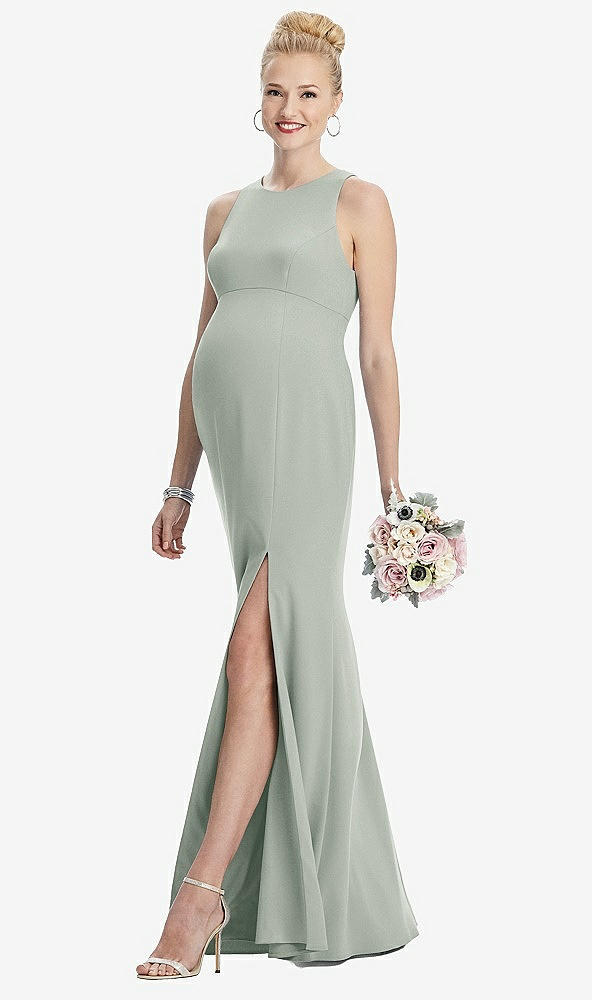 Front View - Willow Green Sleeveless Halter Maternity Dress with Front Slit