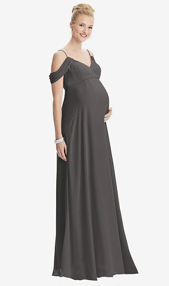 Front View - Caviar Gray Draped Cold-Shoulder Chiffon Maternity Dress
