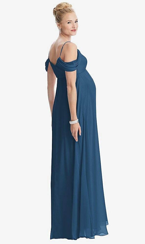 Back View - Dusk Blue Draped Cold-Shoulder Chiffon Maternity Dress