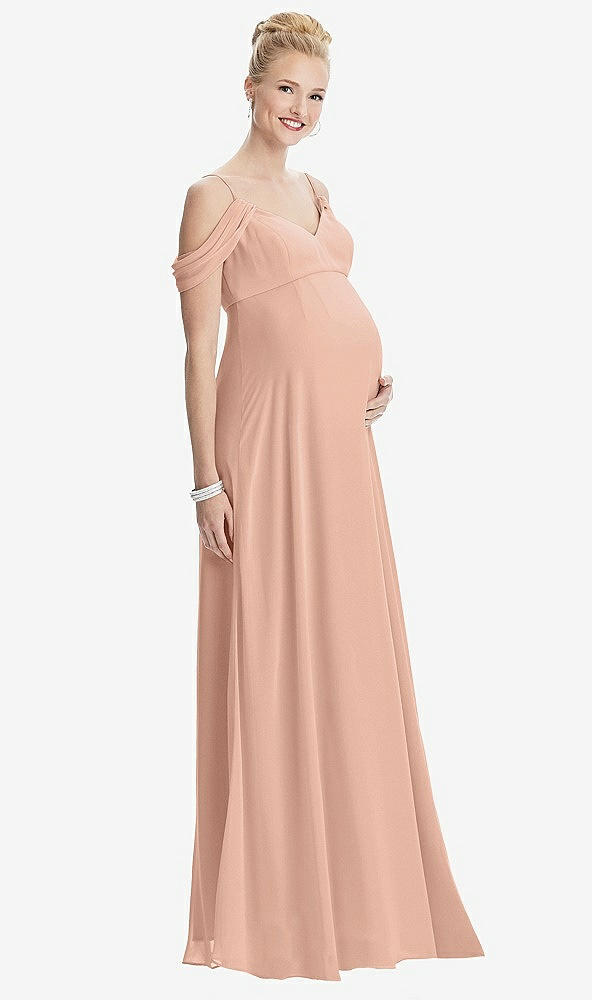Front View - Pale Peach Draped Cold-Shoulder Chiffon Maternity Dress