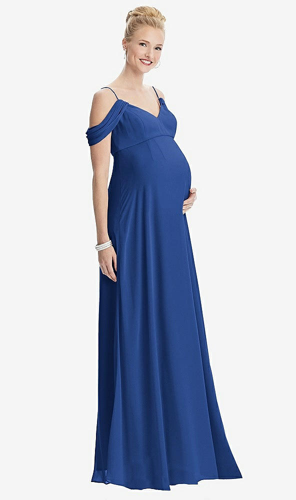 Front View - Classic Blue Draped Cold-Shoulder Chiffon Maternity Dress