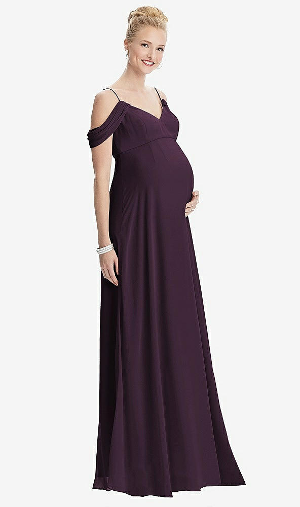Front View - Aubergine Draped Cold-Shoulder Chiffon Maternity Dress