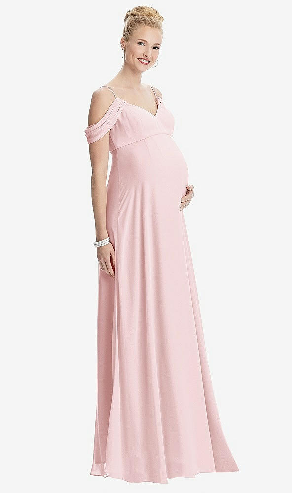 Front View - Ballet Pink Draped Cold-Shoulder Chiffon Maternity Dress