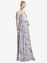 Front View Thumbnail - Butterfly Botanica Silver Dove Draped Cold-Shoulder Chiffon Maternity Dress