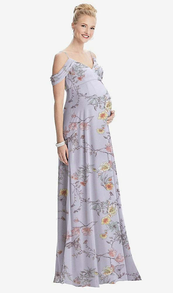 Front View - Butterfly Botanica Silver Dove Draped Cold-Shoulder Chiffon Maternity Dress