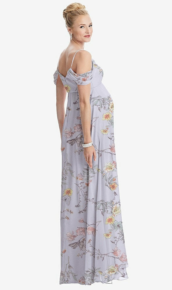 Back View - Butterfly Botanica Silver Dove Draped Cold-Shoulder Chiffon Maternity Dress