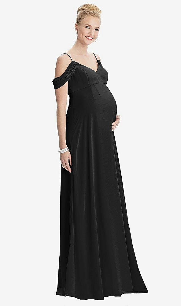 Front View - Black Draped Cold-Shoulder Chiffon Maternity Dress