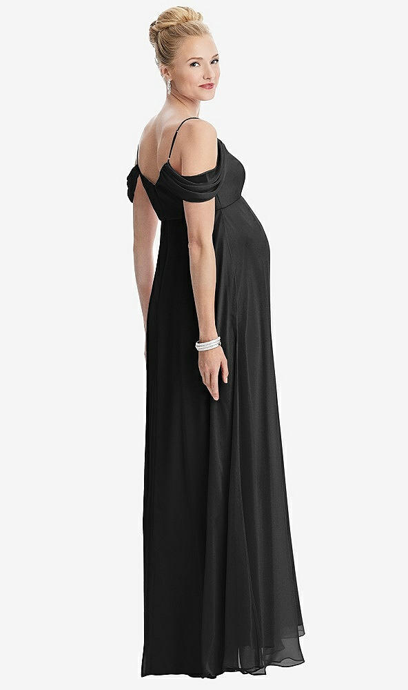 Back View - Black Draped Cold-Shoulder Chiffon Maternity Dress
