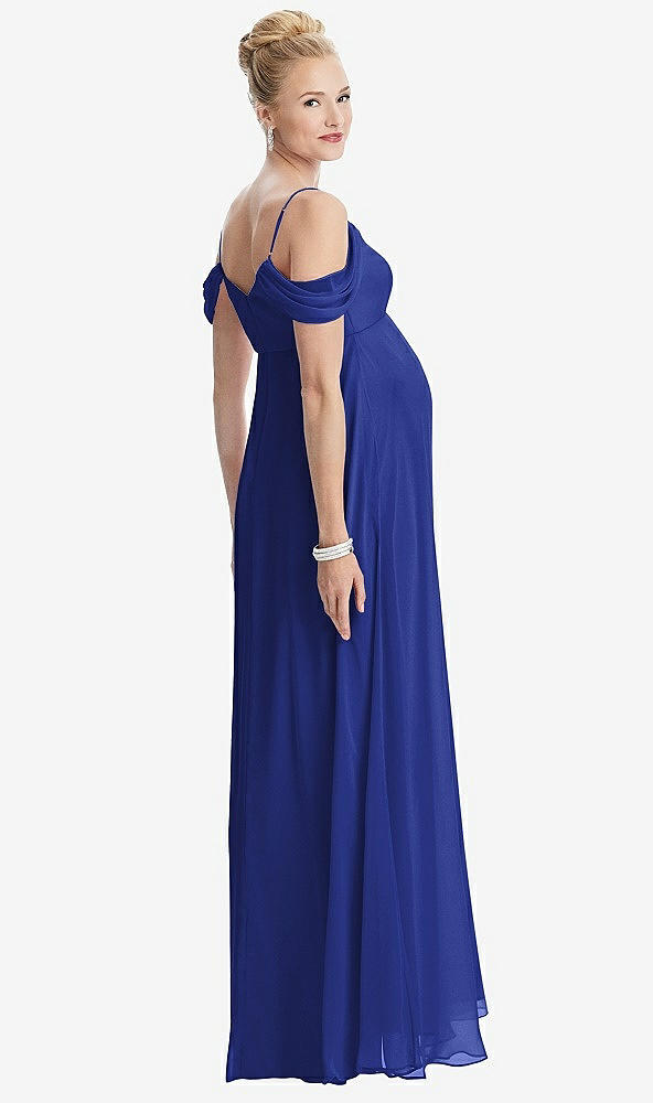 Back View - Cobalt Blue Draped Cold-Shoulder Chiffon Maternity Dress