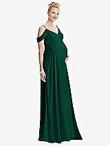 Front View Thumbnail - Hunter Green Draped Cold-Shoulder Chiffon Maternity Dress