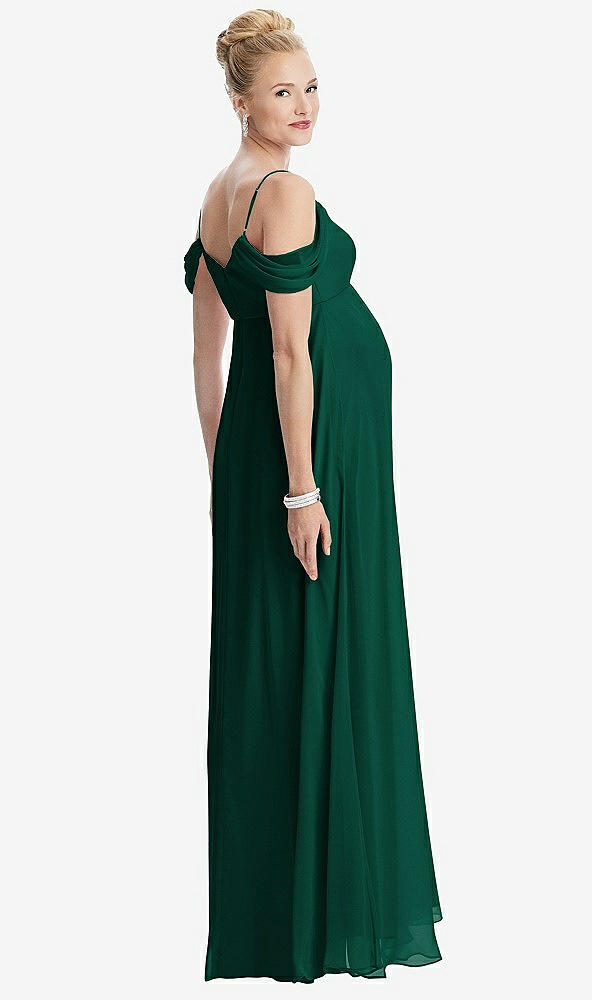 Back View - Hunter Green Draped Cold-Shoulder Chiffon Maternity Dress