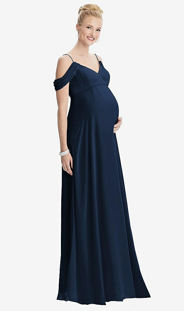 Front View - Midnight Navy Draped Cold-Shoulder Chiffon Maternity Dress
