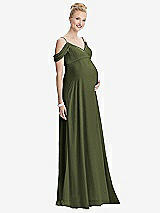 Front View Thumbnail - Olive Green Draped Cold-Shoulder Chiffon Maternity Dress