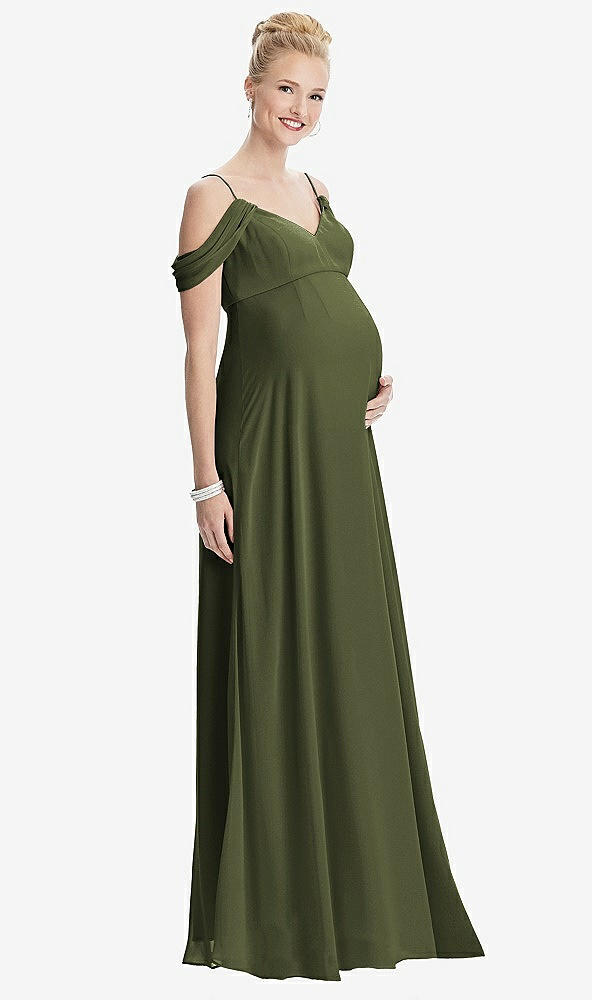 Front View - Olive Green Draped Cold-Shoulder Chiffon Maternity Dress