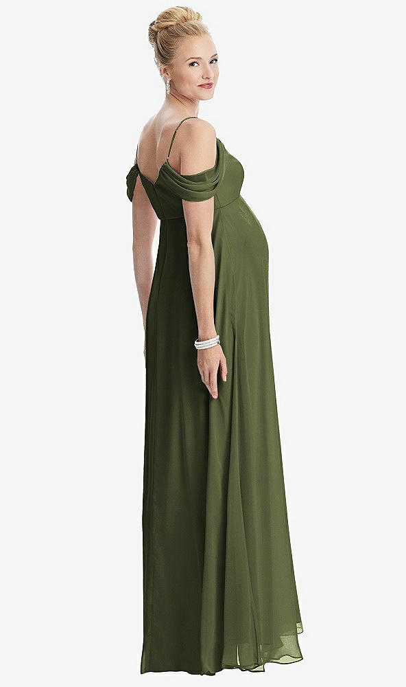Back View - Olive Green Draped Cold-Shoulder Chiffon Maternity Dress