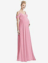 Front View Thumbnail - Peony Pink Draped Cold-Shoulder Chiffon Maternity Dress