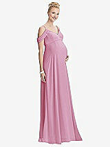 Front View Thumbnail - Powder Pink Draped Cold-Shoulder Chiffon Maternity Dress