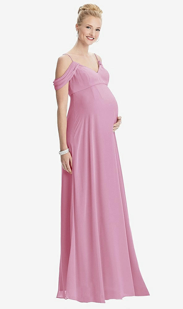 Front View - Powder Pink Draped Cold-Shoulder Chiffon Maternity Dress