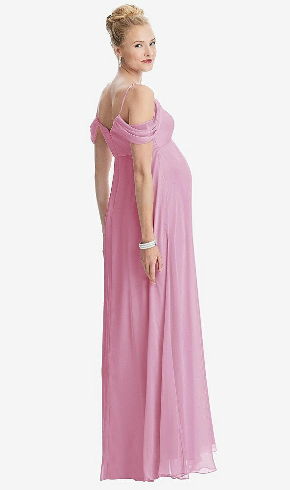 Back View - Powder Pink Draped Cold-Shoulder Chiffon Maternity Dress