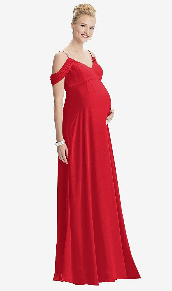Front View - Parisian Red Draped Cold-Shoulder Chiffon Maternity Dress