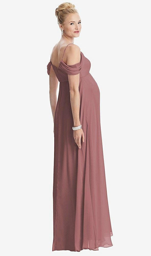 Back View - Rosewood Draped Cold-Shoulder Chiffon Maternity Dress