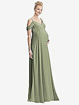 Front View Thumbnail - Sage Draped Cold-Shoulder Chiffon Maternity Dress