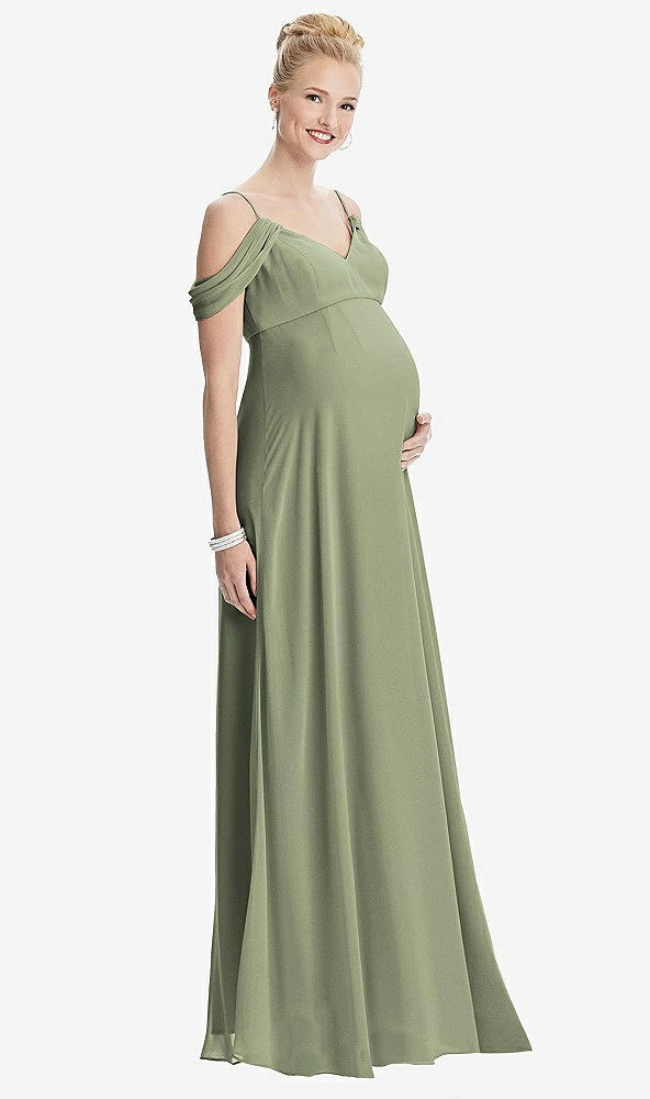 Front View - Sage Draped Cold-Shoulder Chiffon Maternity Dress