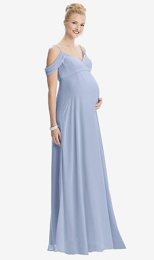 Front View - Sky Blue Draped Cold-Shoulder Chiffon Maternity Dress