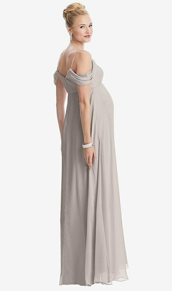 Back View - Taupe Draped Cold-Shoulder Chiffon Maternity Dress